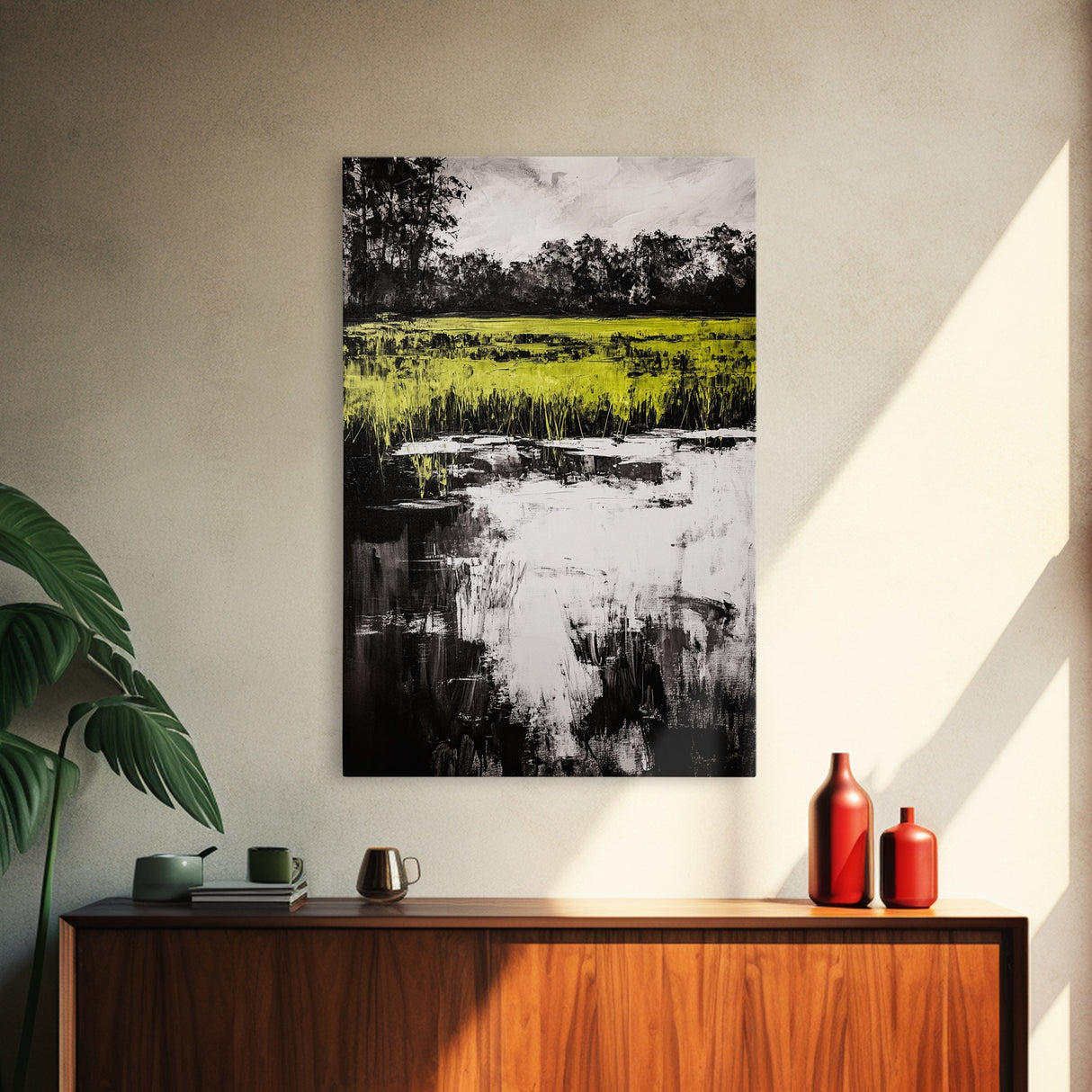 Marshland Reflections, Nature Landscape, Black and White Wall Art, Rustic Home Decor, Framed Canvas Print, Minimalist Aesthetic, Office Art