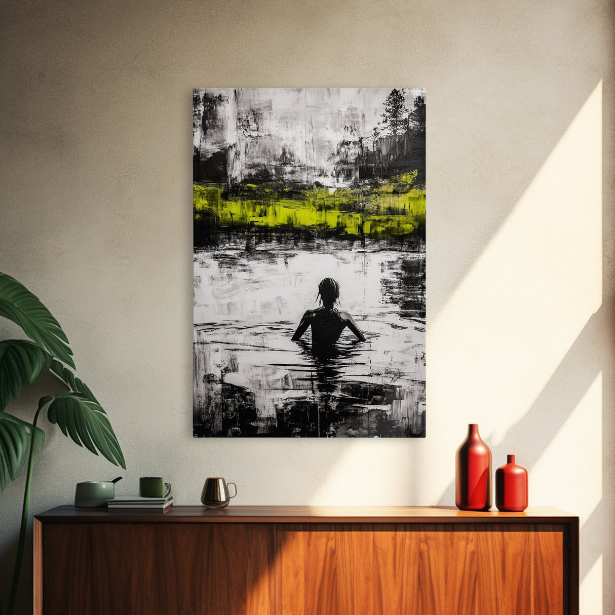 Woman in Water, Abstract Reflection, Moody Wall Art, Black and White Canvas Print, Contemporary Bedroom Art, Minimalist Home Decor