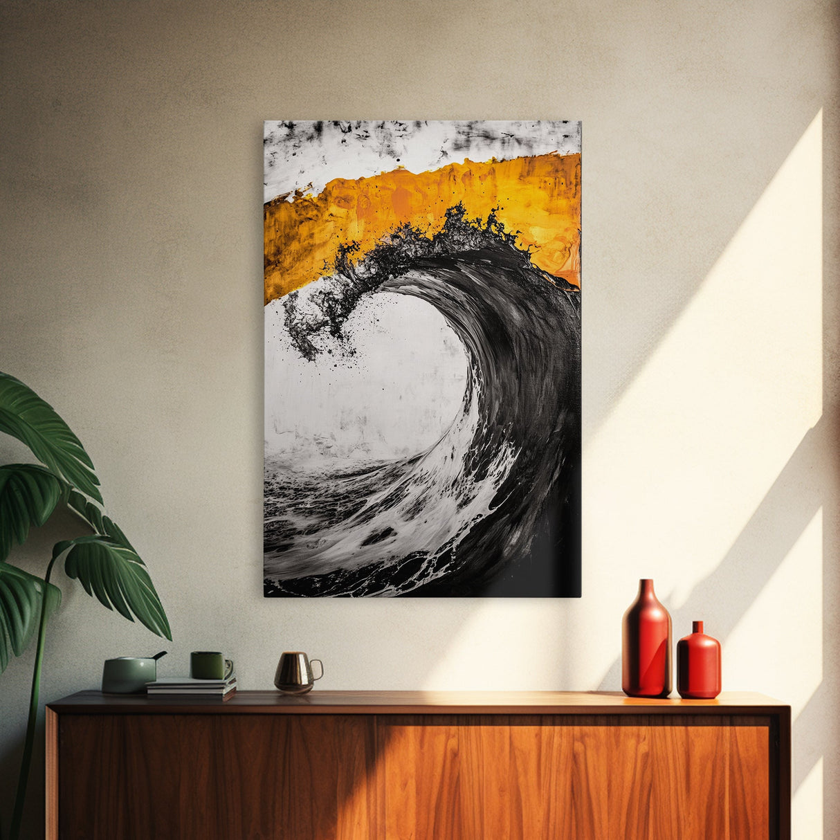 Giant Ocean Wave, Surfer Wall Art, Black and White Beach Print, Coastal Aesthetic, Framed Canvas Print, Ocean Lover Gift, Large Wall Art