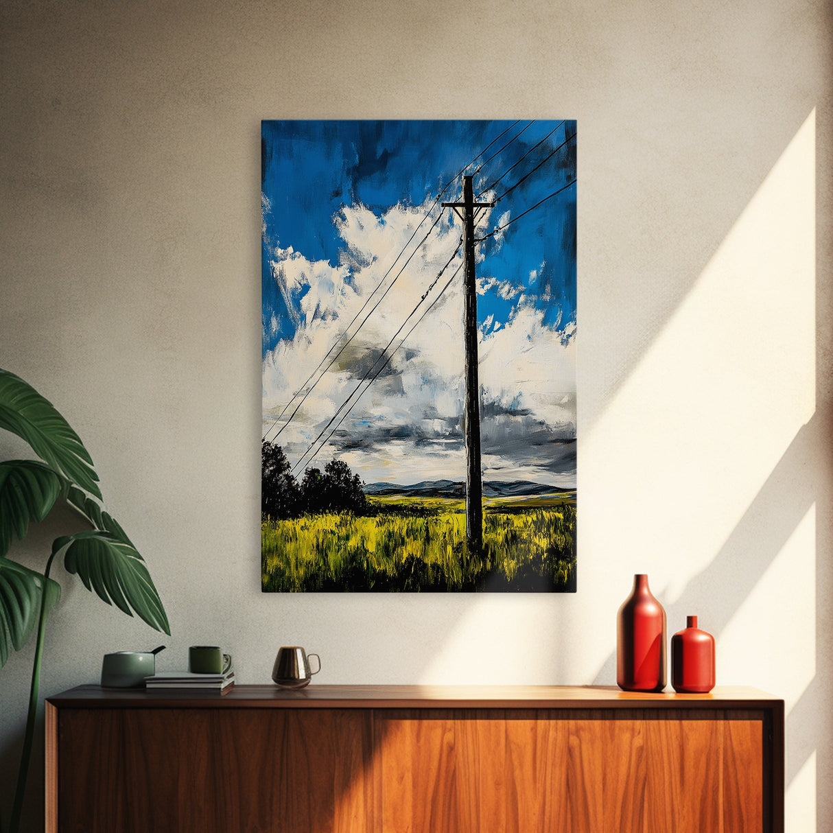 Power Lines, Rural Landscape, Country Wall Art, Modern Farmhouse Decor, Yellow Field Canvas Print, Minimalist Wall Art, Office Wall Decor