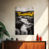Black White Landscape, Yellow Trees, River Stream Art, Rustic Farmhouse Decor, Modern Nature Wall Art, Bedroom Wall Decor, Canvas Print