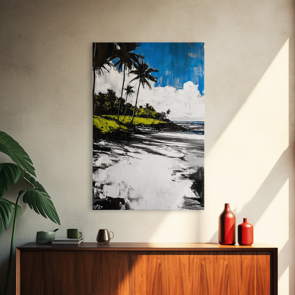 Tropical Beach, Palm Tree Art, Coastal Wall Decor, Canvas Print, Modern Seaside Artwork, Blue and Green Painting, Living Room Statement