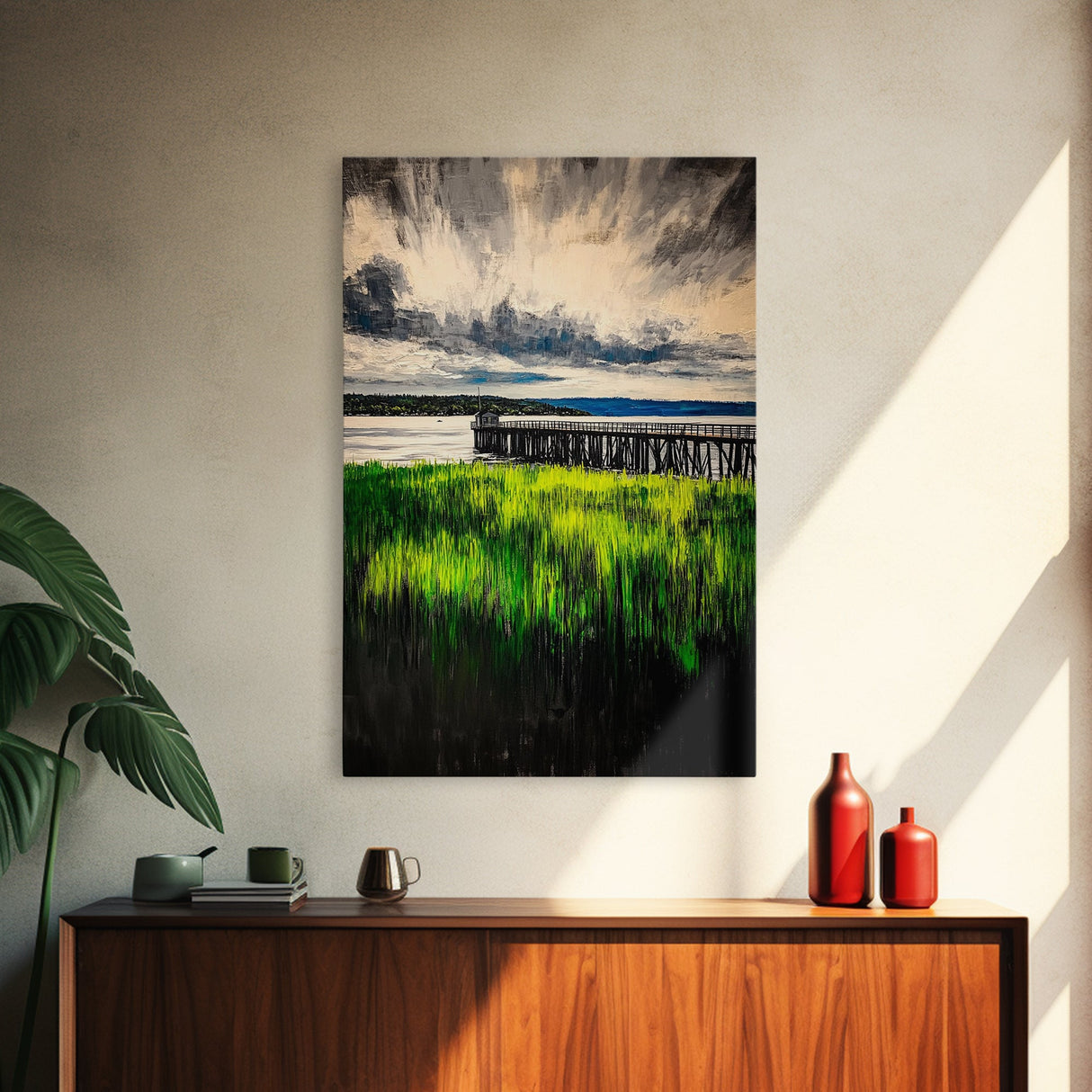 Lakeside Pier, Landscape Painting, Framed Canvas Print, Nature Wall Art, Blue Sky Art, Serene Lake View, Living Room Decor