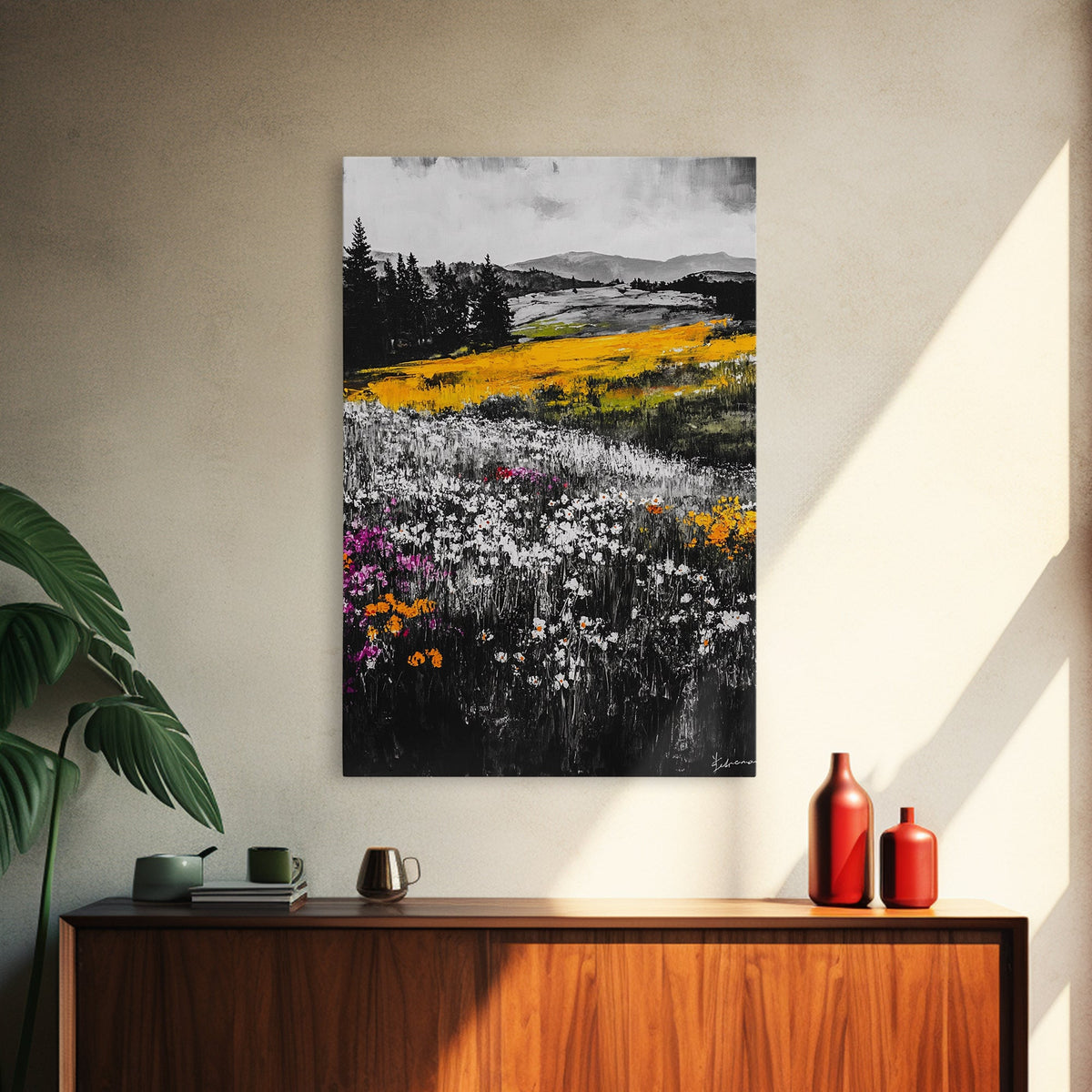 Wildflower Meadow, Mountain Art, Framed Canvas Print, Nature Wall Art, Vibrant Floral Painting, Spring Landscape Art, Living Room Decor