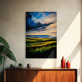 Sunset Over Hills, Coastal Fields, Dramatic Sky, Nature Wall Art, Framed Canvas Print, Vibrant Home Decor, Rolling Landscape, Ocean View