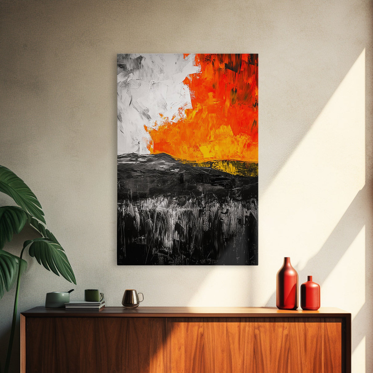 Fiery Abstract, Bold Modern Art, Framed Canvas Print, Contemporary Wall Art, Orange and Black Decor, Living Room Art, Statement Piece