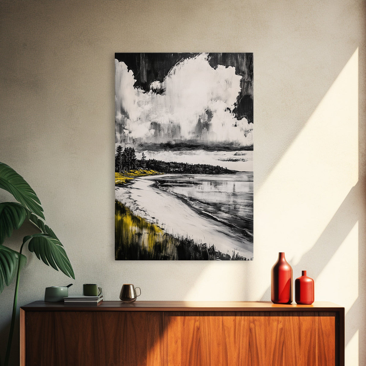 Tranquil Shoreline, Coastal Landscape, Framed Canvas Print, Beach House Wall Art, Ocean View, Minimalist Seascape, Living Room Accent