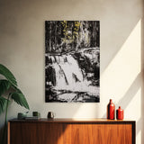 Waterfall Scene, Black and White Art, Forest Wall Decor, Cabin Aesthetic, Adventure Landscape Print, Wilderness Gift, Canvas Print