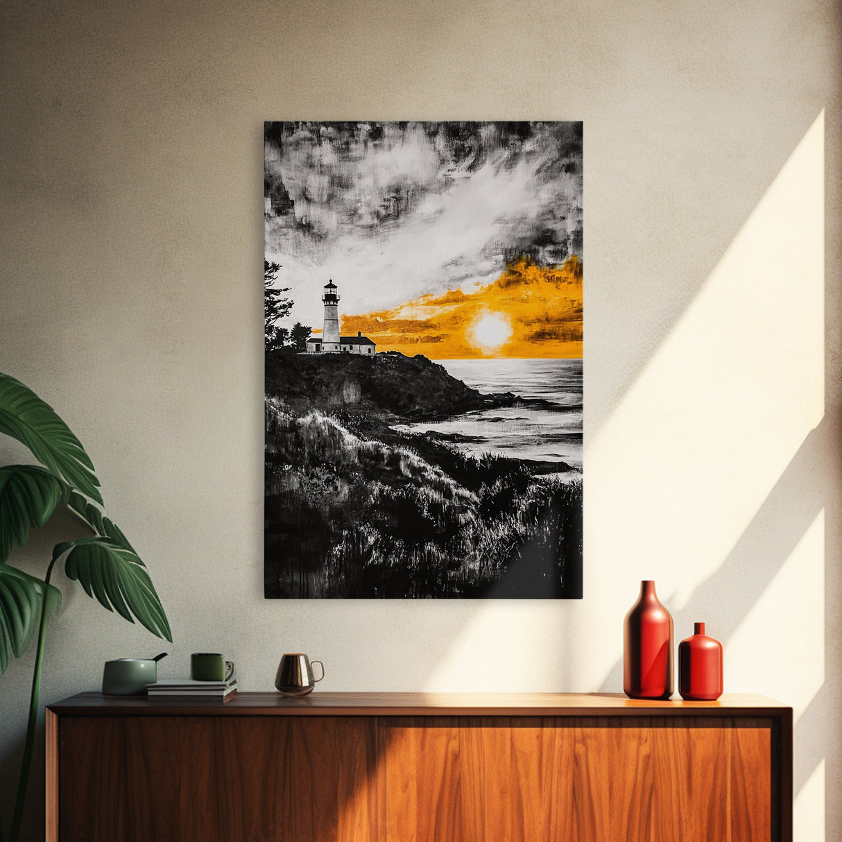 Lighthouse Sunset, Nautical Wall Art, Coastal Painting, Canvas Print, Orange and Black Artwork, Ocean Home Decor, Beach House Design