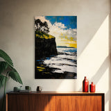 Dramatic Seascape, Cliffside View, Blue and Yellow Art, Canvas Print, Coastal Wall Decor, Beach House Artwork, Contemporary Style