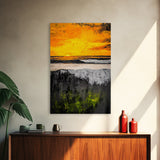 Fiery Sunset, Ocean Waves, Golden Sky, Framed Canvas Print, Tropical Beach Art, Coastal Decor, Living Room Wall Art, Bold Colors