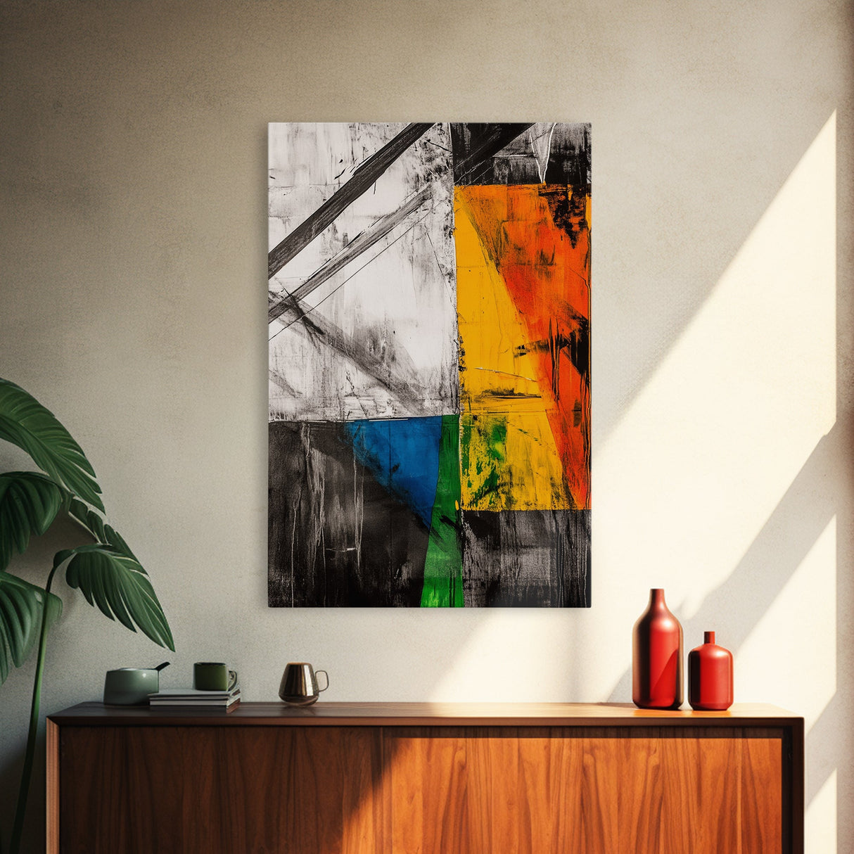 Abstract Geometric Art, Yellow Orange Blue Green, Black White Art, Minimalist Wall Decor, Contemporary Office Art, Framed Canvas Print