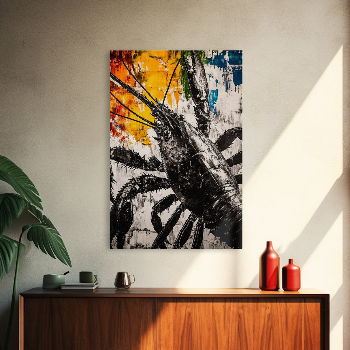 Lobster Artwork, Black and White Wall Print, Coastal Kitchen Decor, Rustic Nautical Art, Bold Seafood Illustration, Framed Canvas Print
