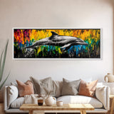 Dolphin Splash, Ocean Wildlife, Framed Canvas Print, Colorful Wall Art, Beach House Decor, Living Room Art, Vibrant Sea Life Painting