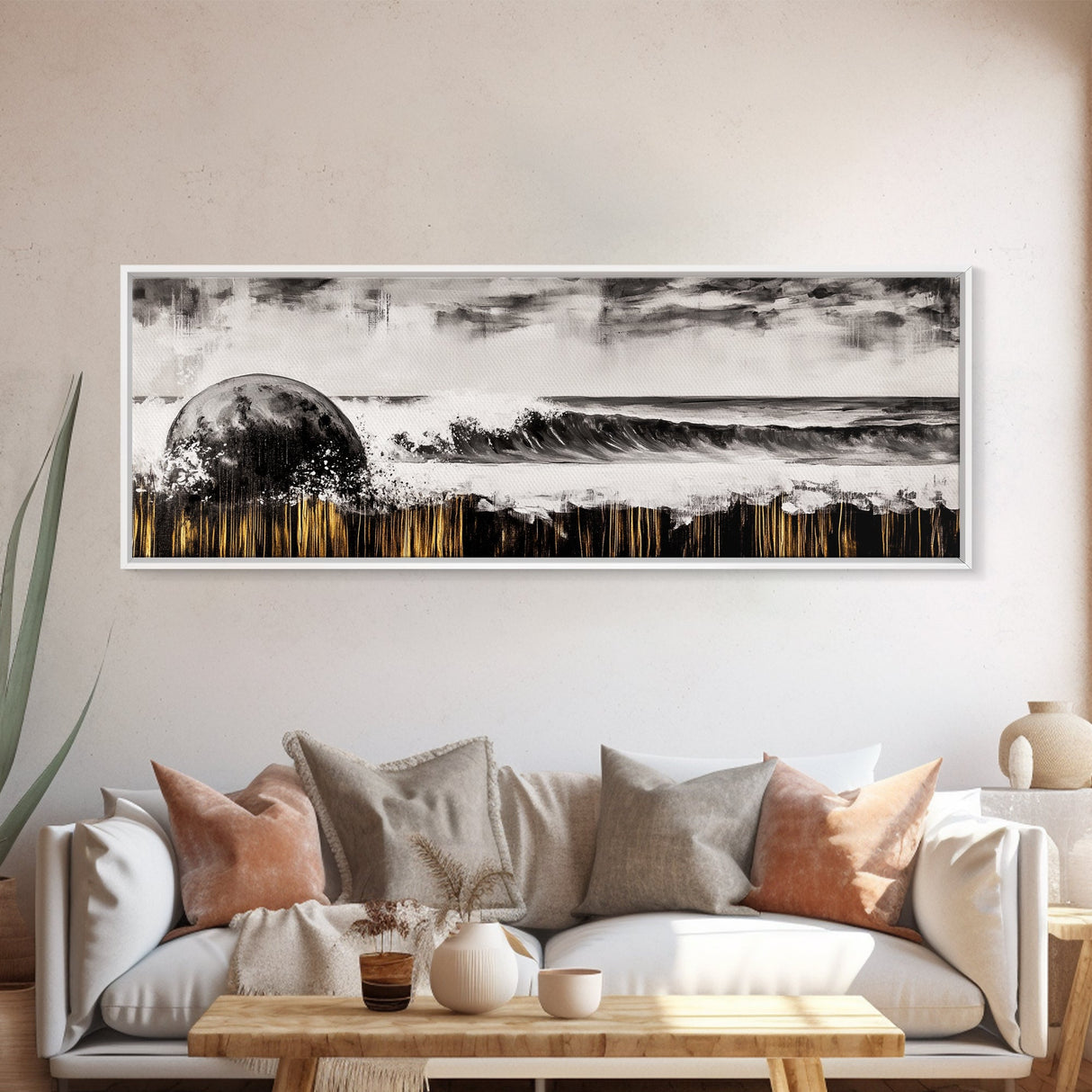 Surreal Ocean Art, Black and White Wave Print, Modern Seascape Painting, Coastal Wall Decor, Abstract Beach Canvas Print, Framed Canvas Print