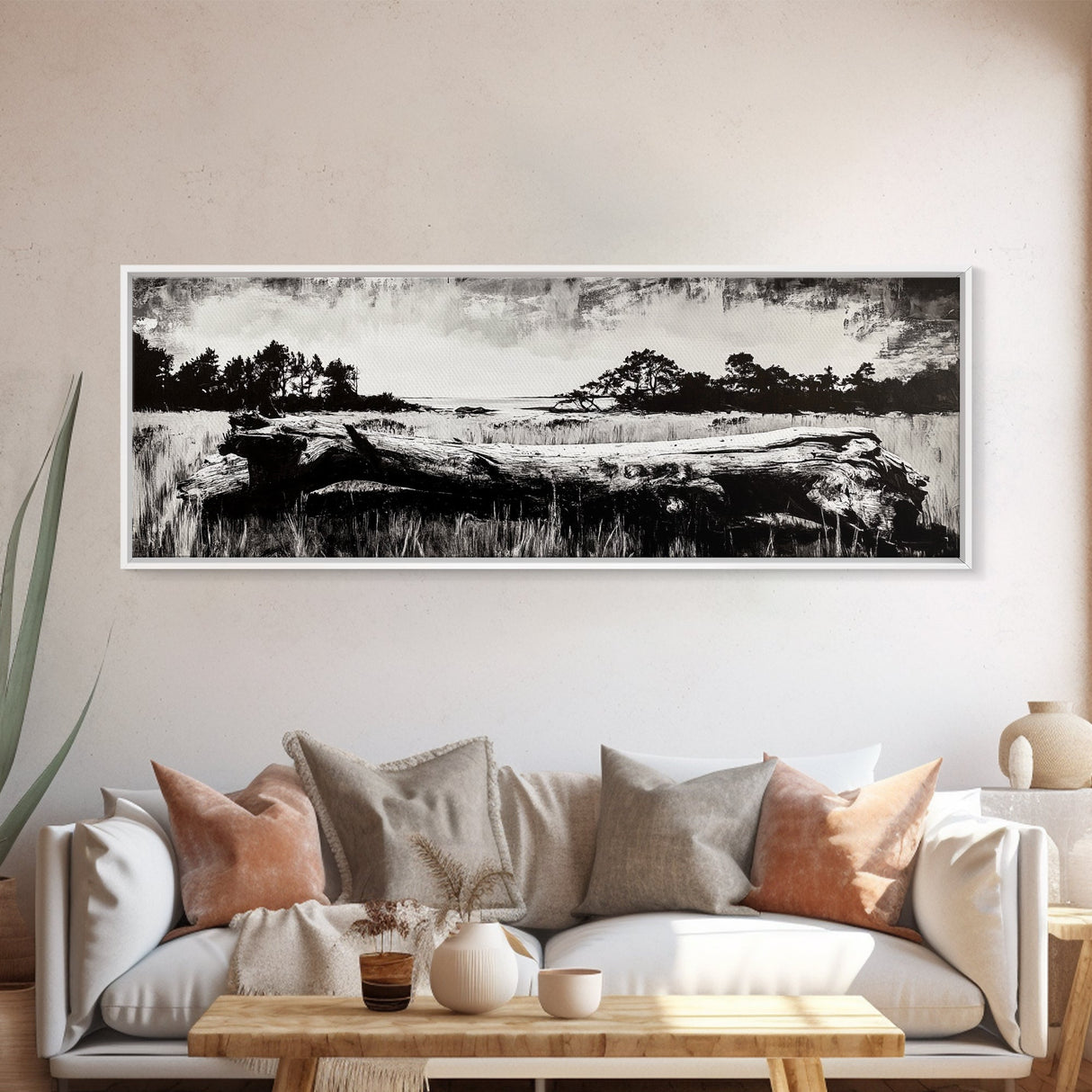 Driftwood Beach, Coastal Landscape, Framed Canvas Print, Black and White Wall Art, Nature Photography Style, Serene Home Decor, Bedroom Art