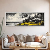 Tropical Beach House, Coastal Landscape Painting, Black and White Palm Tree Print, Island Wall Decor, Relaxing Canvas Print, Framed Canvas Print