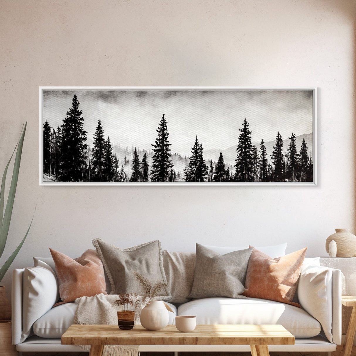 Foggy Pines, Black and White Nature Art, Minimalist Forest Print, Modern Wall Decor, Living Room Wall Art, Framed Canvas Print, Rustic Home Decor