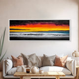 Fiery Sunset, Beach Scene, Ocean Waves, Vibrant Seascape, Framed Canvas Print, Living Room Art, Modern Coastal Wall Art, Beach House Decor