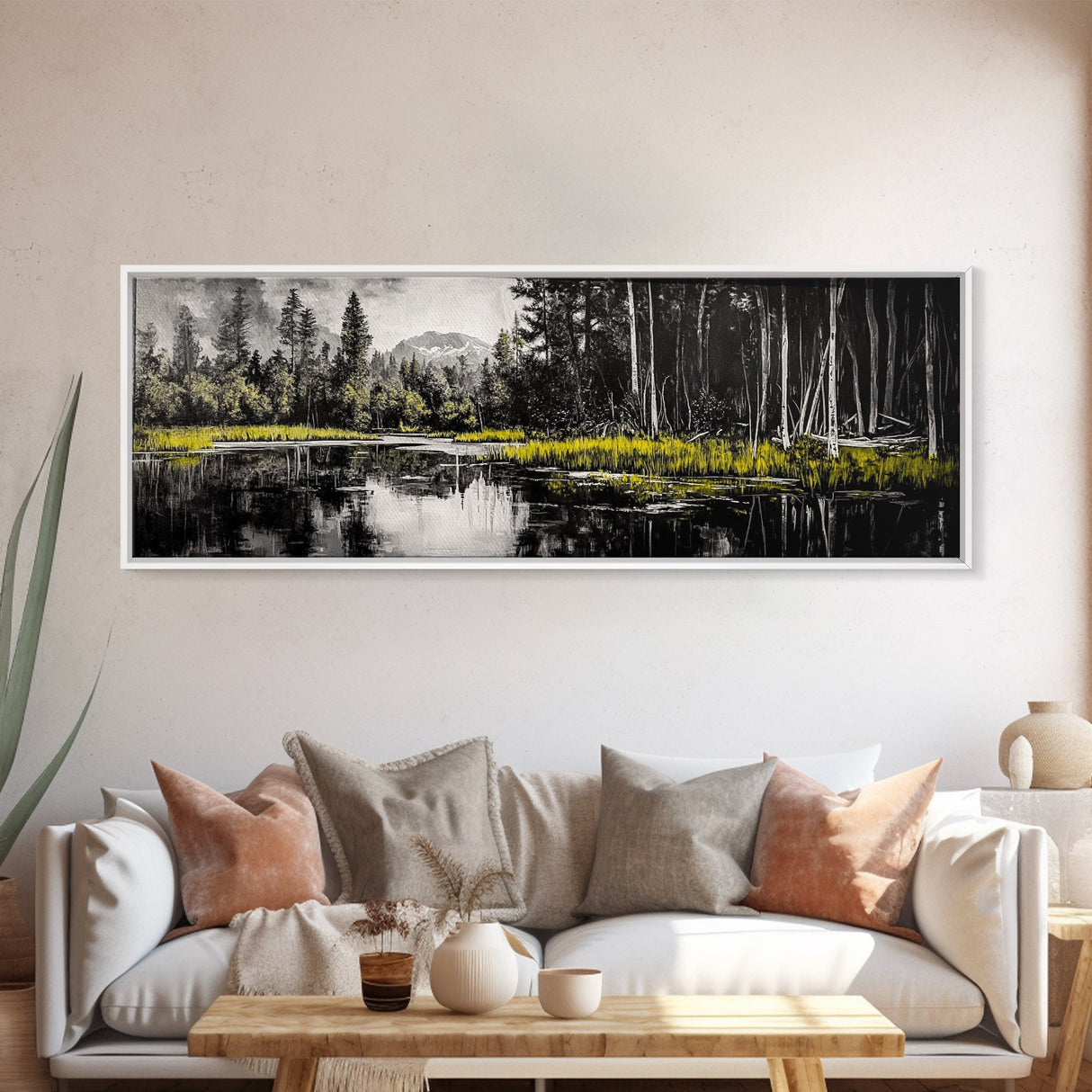 Misty Forest, Mountain Reflections, Black and White Nature Art, Framed Canvas Print, Living Room Decor, Wilderness Wall Art, Scenic Landscape