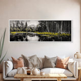 Misty Forest, Mountain Reflections, Black and White Nature Art, Framed Canvas Print, Living Room Decor, Wilderness Wall Art, Scenic Landscape