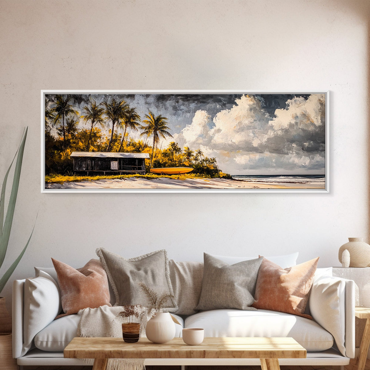 Secluded Beach Cabin, Tropical Landscape Painting, Oceanfront Bungalow Art, Coastal Wall Decor, Vacation Home Canvas Print, Framed Canvas Print