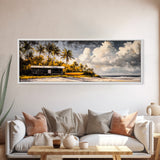 Secluded Beach Cabin, Tropical Landscape Painting, Oceanfront Bungalow Art, Coastal Wall Decor, Vacation Home Canvas Print, Framed Canvas Print