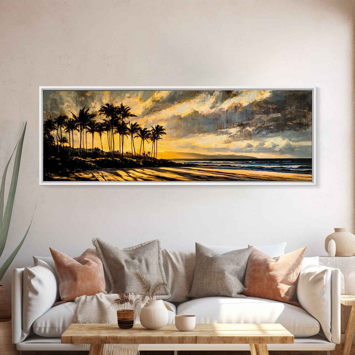 Golden Beach Sunset, Coastal Wall Art, Framed Canvas Print, Tropical Home Decor, Relaxing Seascape, Living Room Wall Art, Ocean Sunset Art