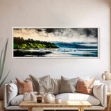 Coastal Wilderness, Green Cliffs and Water, Framed Canvas Print, Modern Nature Art, Living Room Wall Art, Bold Landscape Painting, Serene Decor