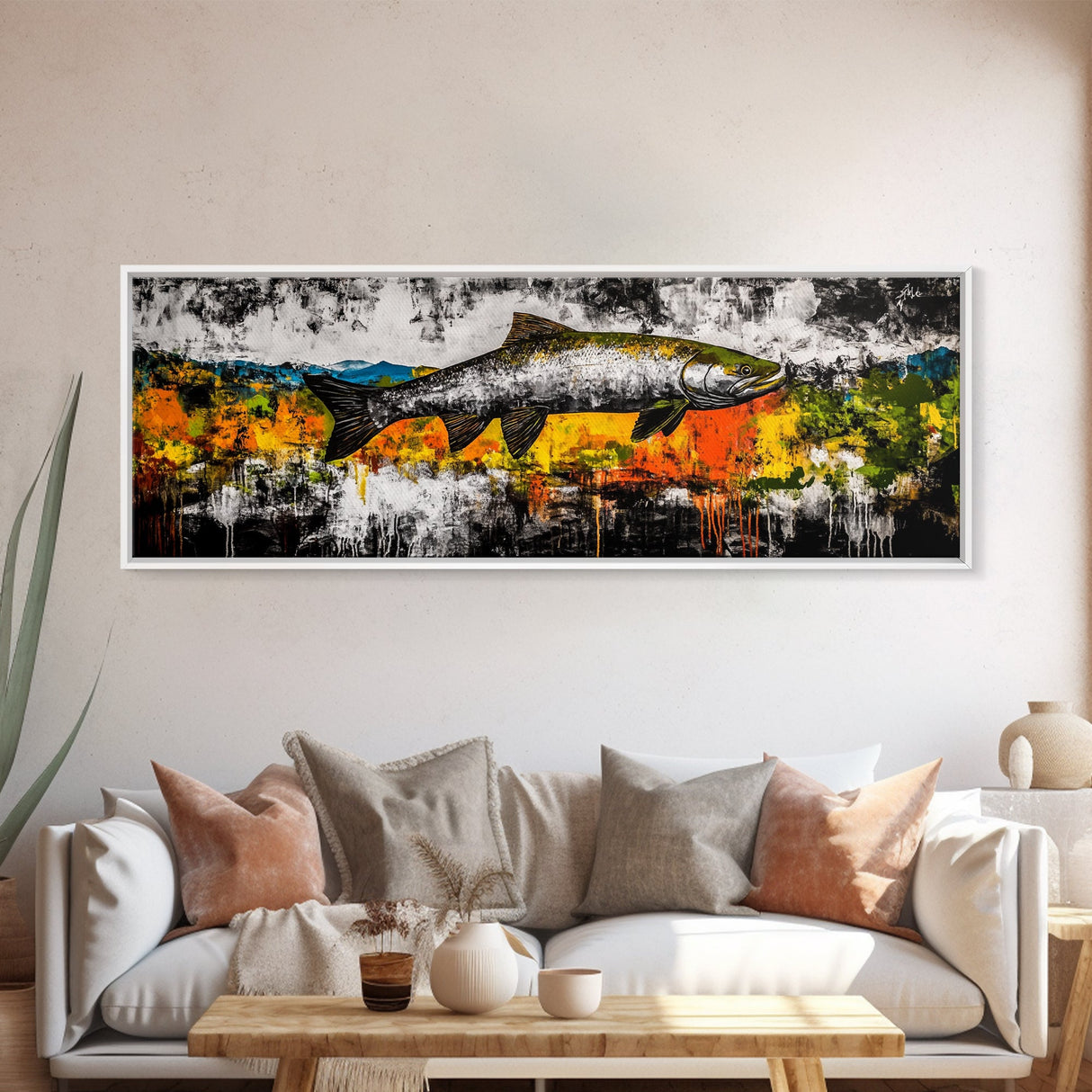 Salmon Wall Art, Rustic Fish Painting, Fishing Cabin Decor, Nature Wildlife Print, Lakehouse Art, Fall Colors, Framed Canvas Print