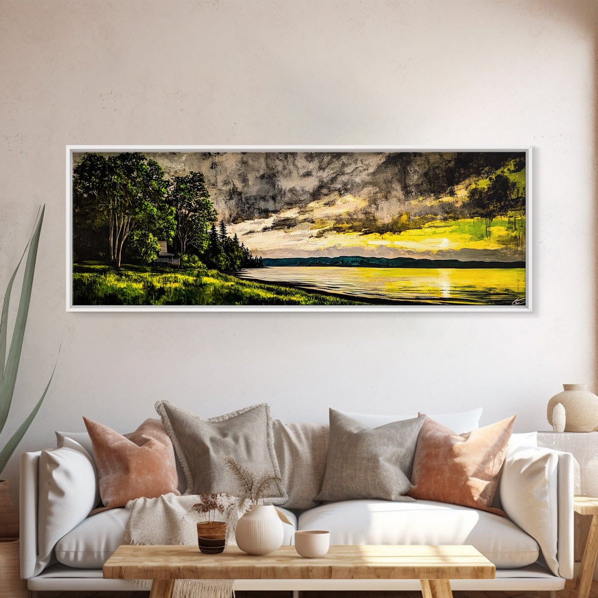 Lakeside Sunset Painting, Cabin Wall Art, Serene Landscape Print, Nature Inspired Home Decor, Golden Tones, Framed Canvas Print