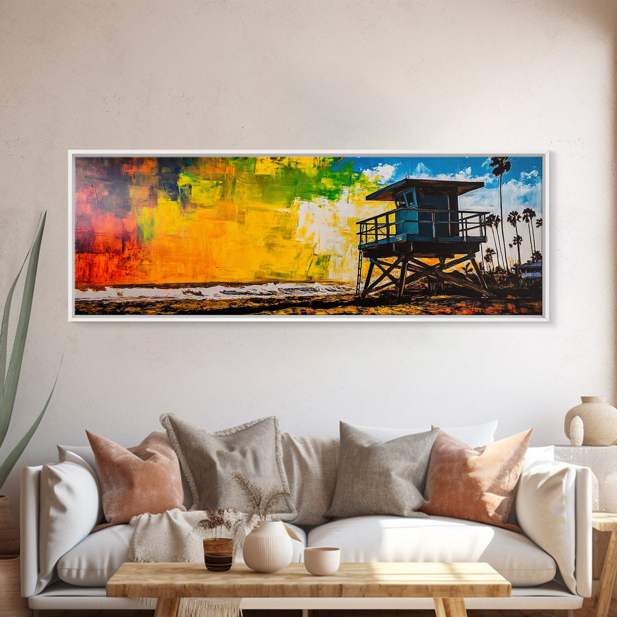 Lifeguard Tower, Coastal Beach Art, Sunset Painting, Vibrant Wall Art, Framed Canvas Print, Large Wall Art, Living Room Decor, Modern Art