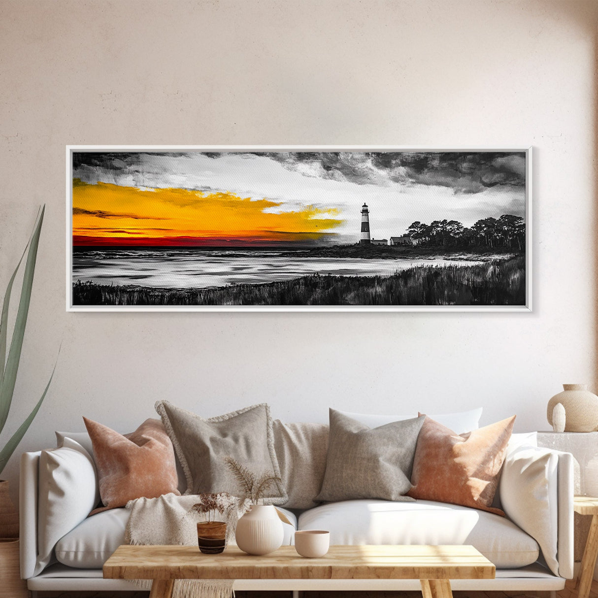 Lighthouse Sunset, Coastal Landscape, Nautical Wall Art, Seascape Print, Framed Canvas Print, Living Room Art, Minimalist Art, Ocean Sunset