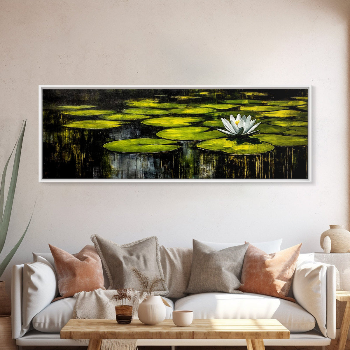 Water Lily Pond, Tranquil Nature Art, Green Botanical Art, Zen Wall Art, Framed Canvas Print, Office Decor, Relaxing Home Art, Spa Wall Art