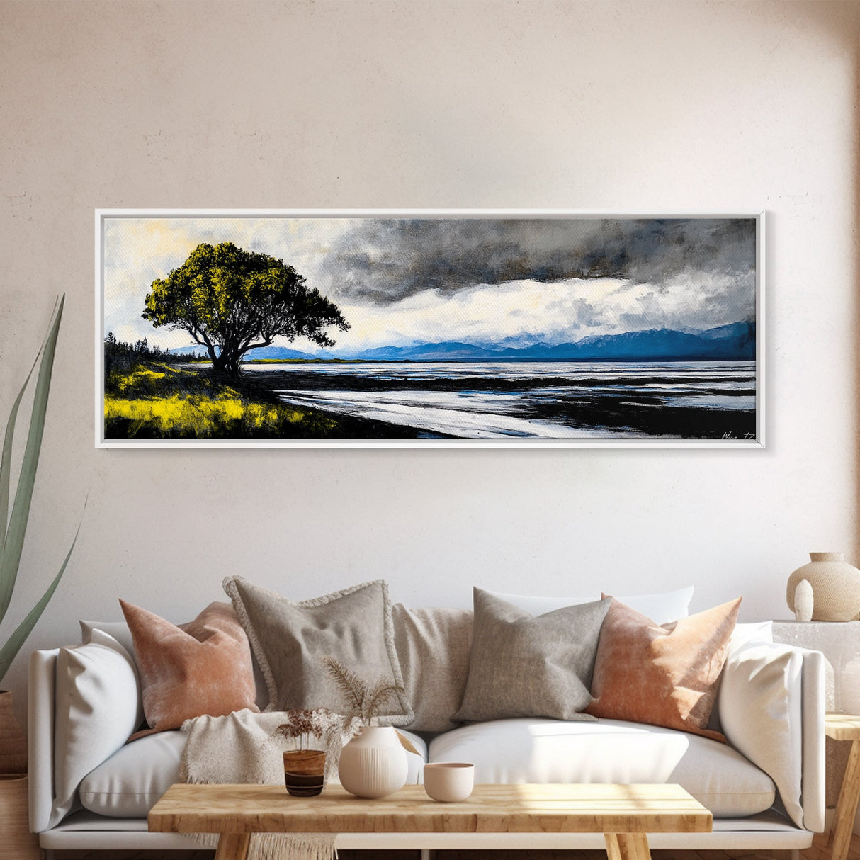 Stormy Landscape, Dramatic Tree Art, Coastal Wall Art, Nature Inspired Decor, Framed Canvas Print, Living Room Art, Moody Wall Art, Blue Tones