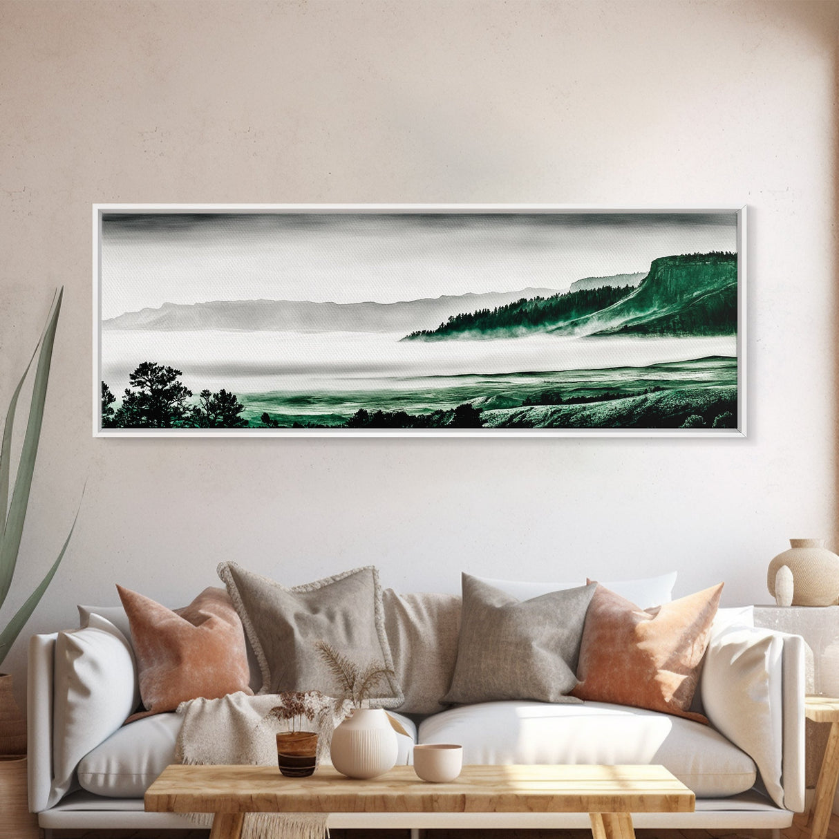 Foggy Mountains, Misty Forest Scene, Serene Nature Art, Minimalist Wall Decor, Framed Canvas Print, Bedroom Wall Art, Green Tones, Tranquil Vibes