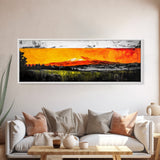 Fiery Peaks, Mountain Sunset, Landscape Painting, Framed Canvas Print, Rustic Home Art, Living Room Decor, Bold Wall Art