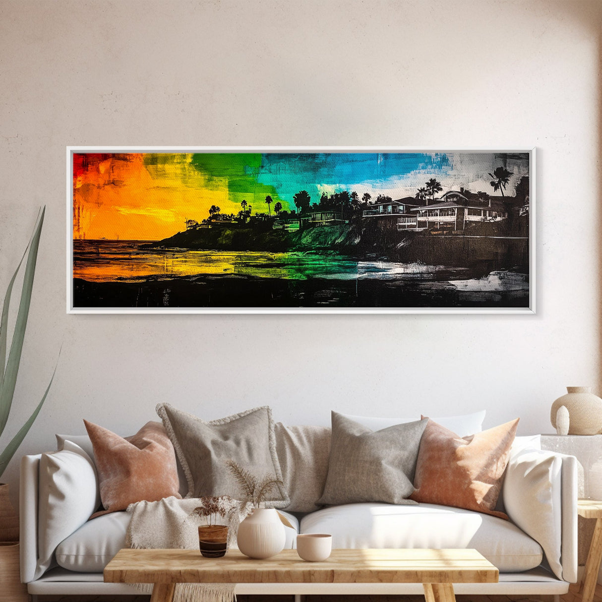 Sunset Cliffs, Vibrant Beach, Palm Trees Art, Coastal Home, Canvas Print, Colorful Seascape, Boho Wall Art, Modern Interior