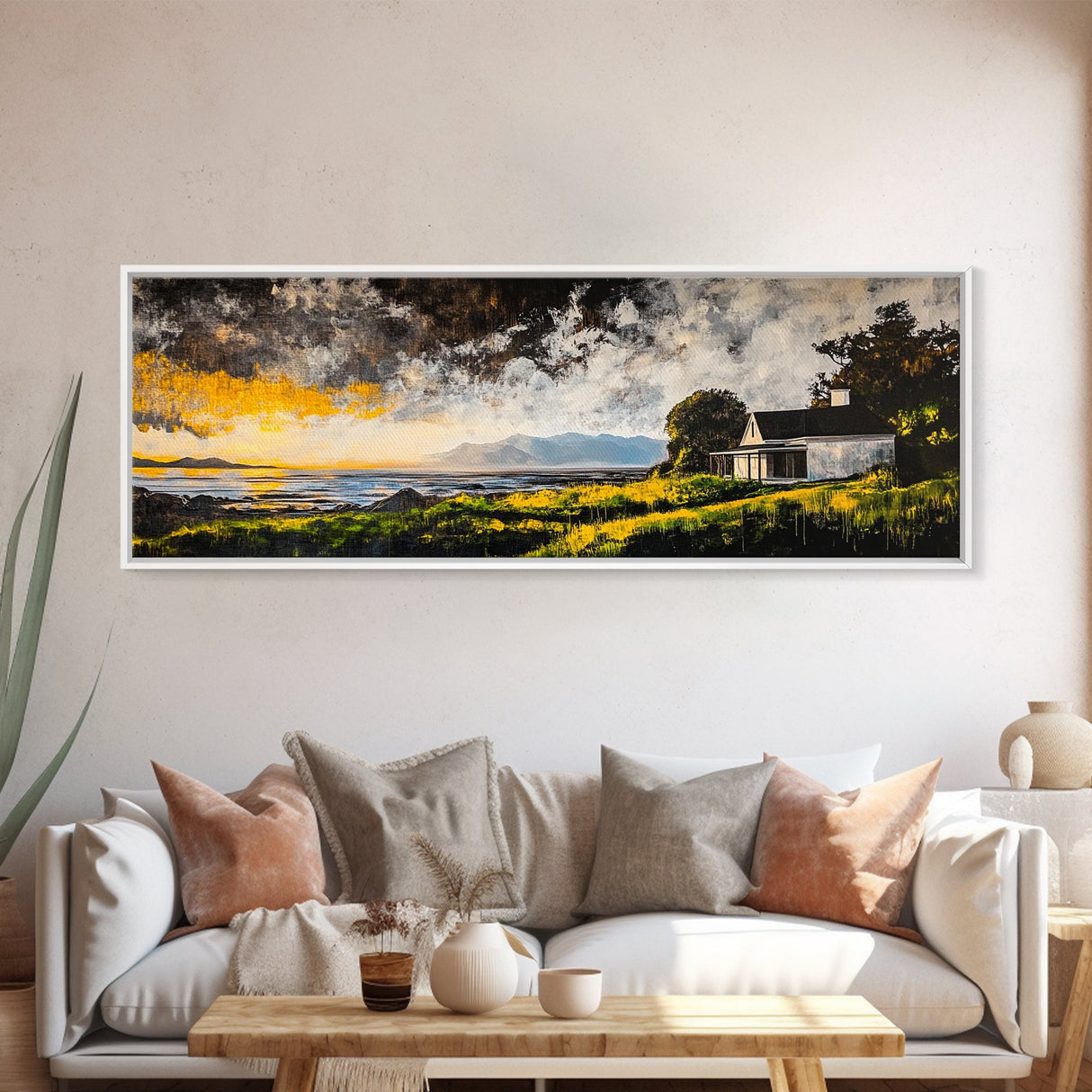 Stormy Coast, Dramatic Seascape, Beach House Painting, Cloudy Ocean, Framed Canvas Print, Moody Wall Art, Modern Decor