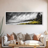 Stormy Coast, Dramatic Sky, Seaside Serenity, Framed Canvas Print, Black and White Art, Large Wall Decor, Living Room Statement