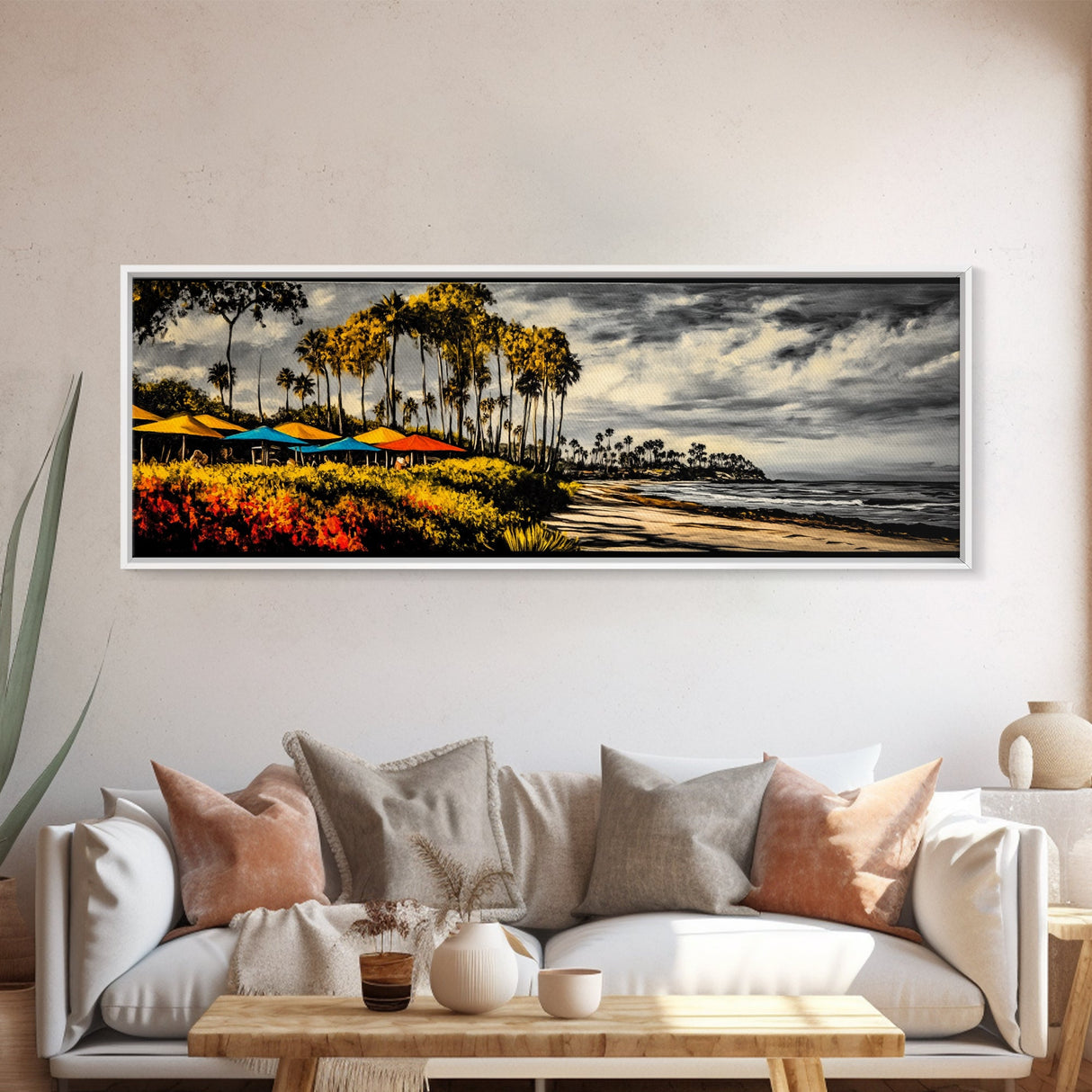 Tropical Beach, Palm Trees Art, Coastal Canvas Decor, Vibrant Ocean Art, Colorful Landscape, Living Room Wall Art, Framed Canvas Print