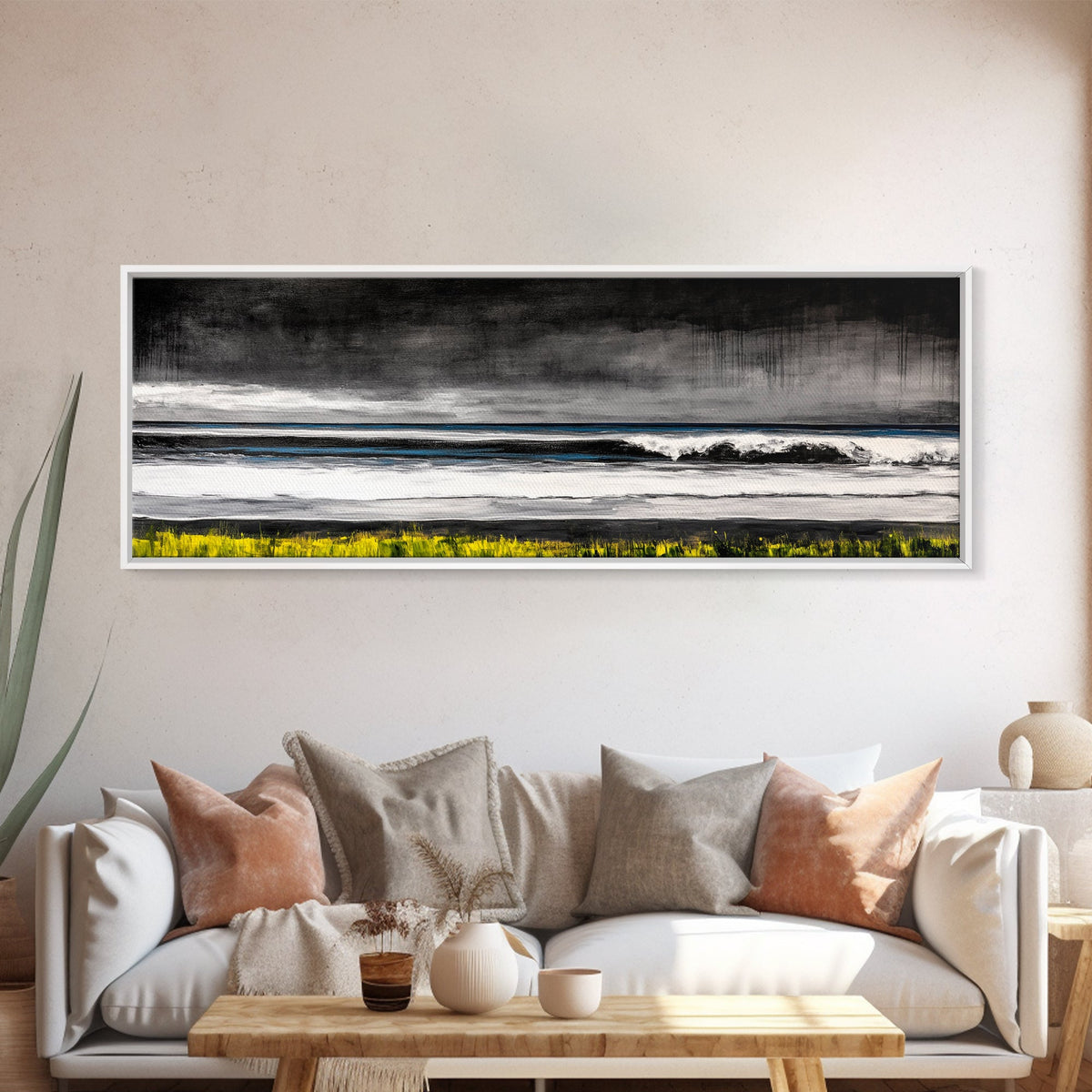 Stormy Ocean, Rolling Waves, Coastal Horizon, Dark Sky, Framed Canvas Print, Minimalist Wall Art, Beach House Decor, Ocean Lovers Gift