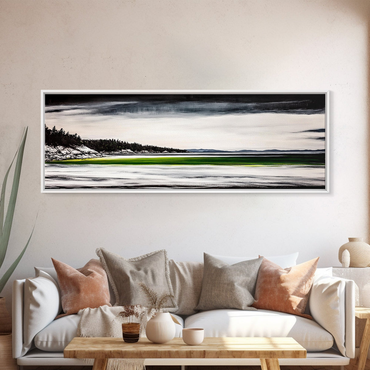 Serene Lake, Monochrome Water Art, Minimalist Nature, Dramatic Sky, Green Accent, Modern Home Wall Decor, Framed Canvas Print