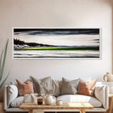 Serene Lake, Monochrome Water Art, Minimalist Nature, Dramatic Sky, Green Accent, Modern Home Wall Decor, Framed Canvas Print