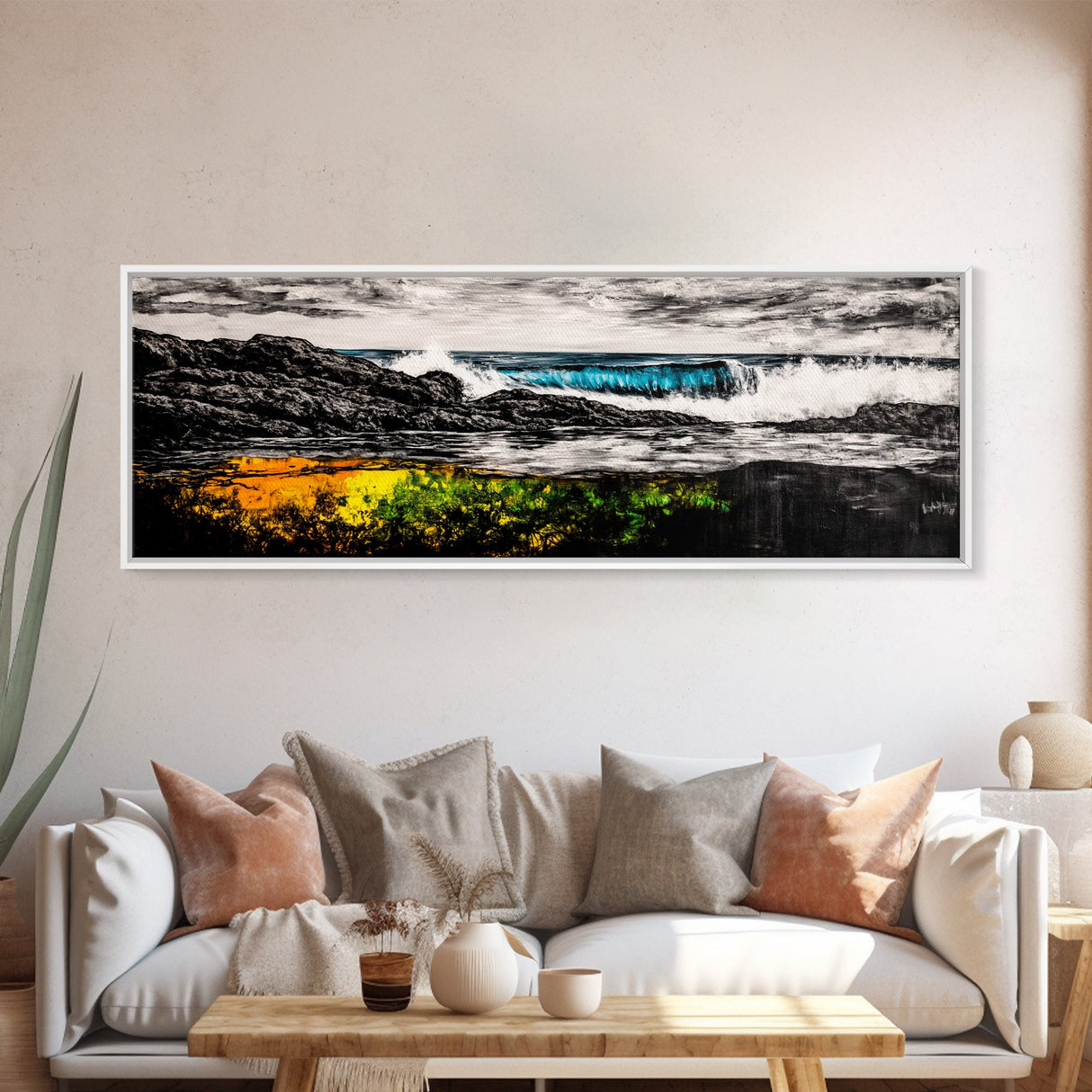 Rocky Shore, Crashing Waves, Black White Blue, Framed Canvas Print, Ocean Wave Painting, Surf Art, Minimalist Coastal Decor