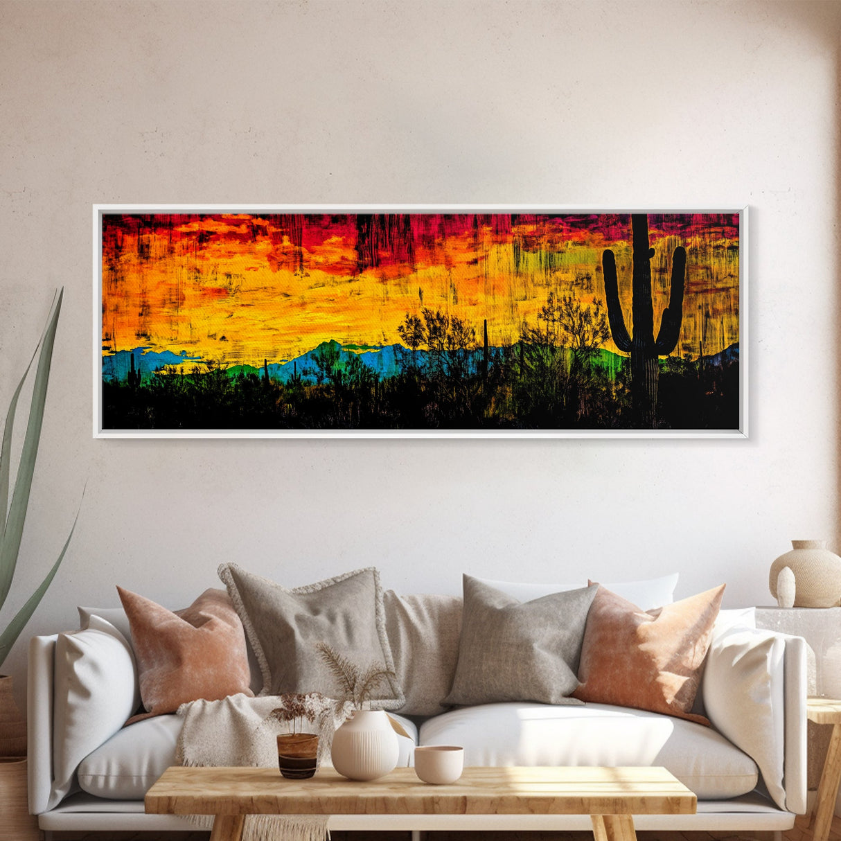 Desert Sunset, Cactus Painting, Southwest Landscape, Framed Canvas Print, Vibrant Wall Art, Arizona Art, Boho Decor, Warm Color Palette