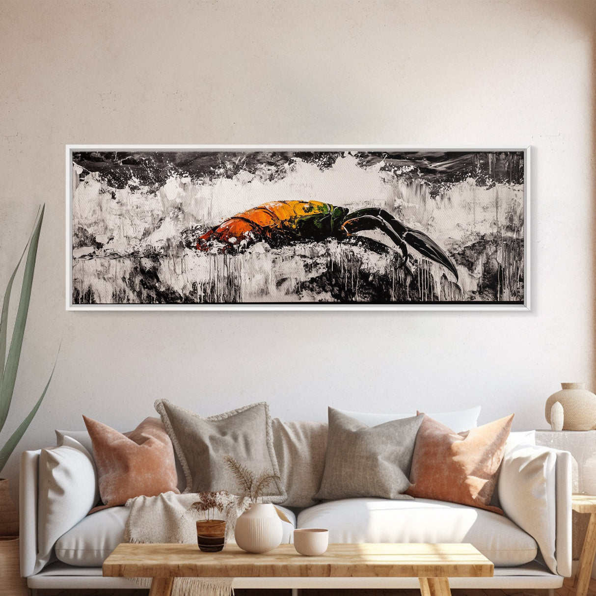 Crashing Waves, Lobster Art, Coastal Abstract, Canvas Print, Nautical Home Decor, Seafood Kitchen Art, Beach House Wall Art