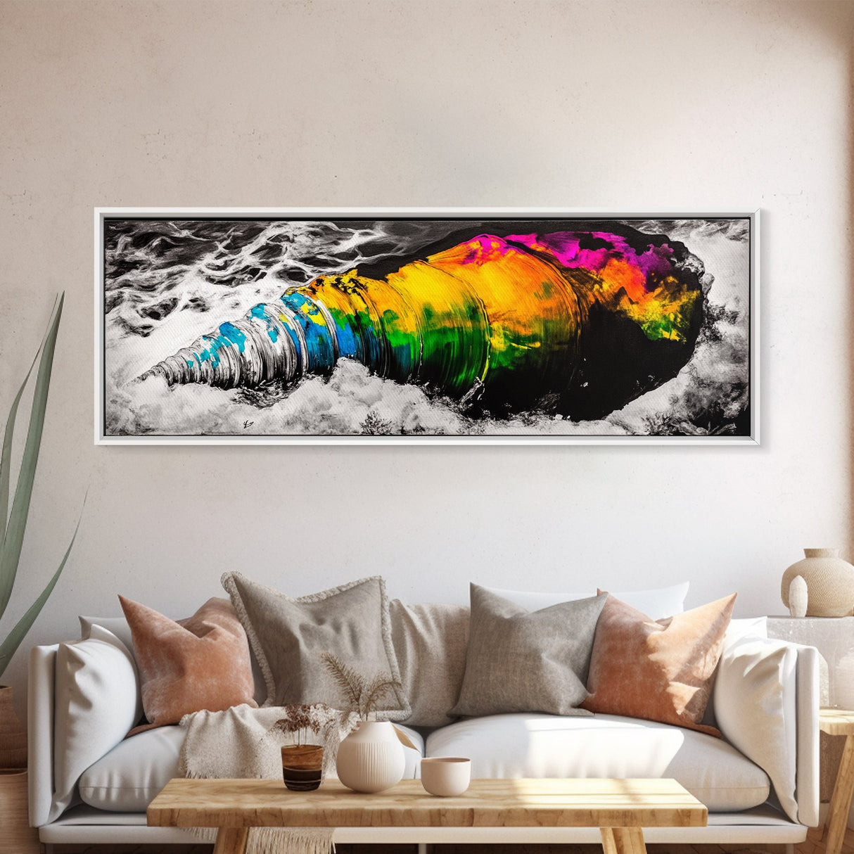 Vibrant Shell, Ocean Waves, Abstract Nautical, Canvas Print, Coastal Wall Decor, Colorful Beach Art, Living Room Accent, Unique Gift