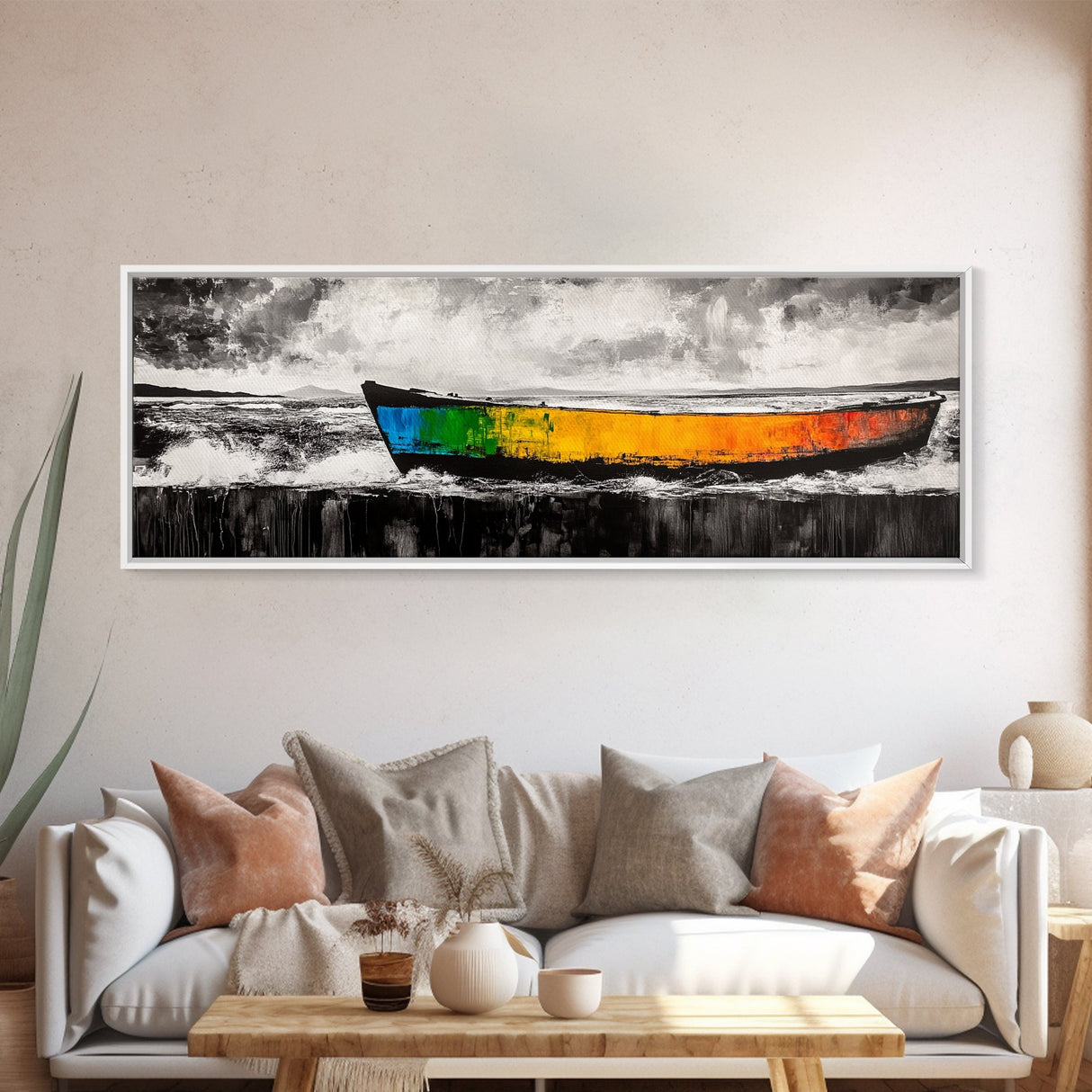 Vibrant Boat, Nautical Art, Abstract Seascape, Colorful Wall Art, Living Room Art, Coastal Home Decor, Framed Canvas Print