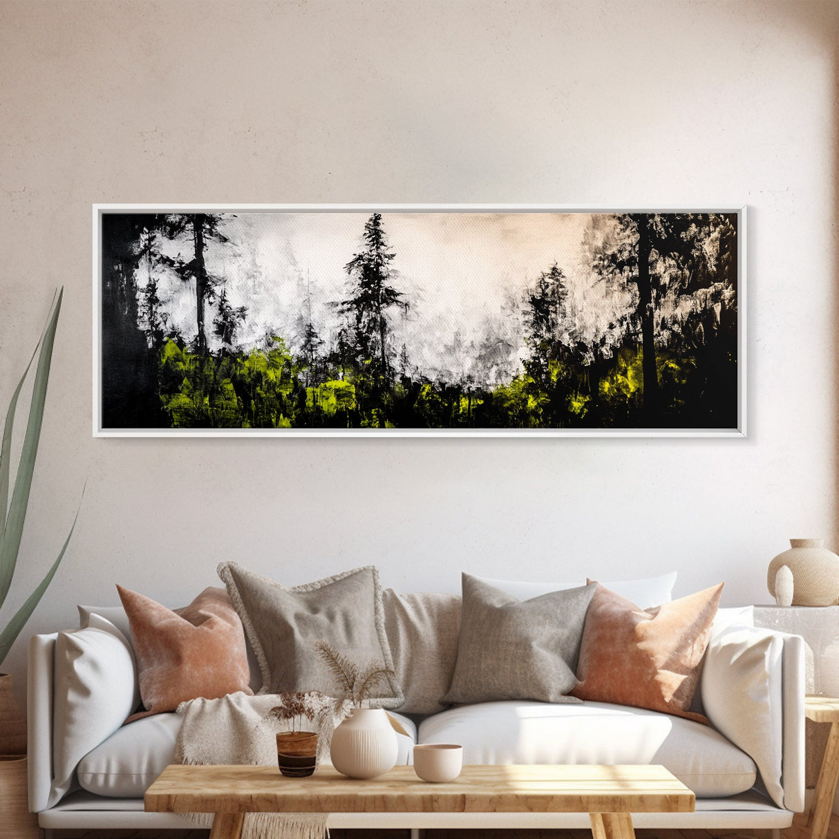 Misty Forest Painting, Black and White Landscape, Abstract Nature Art, Modern Minimalist Wall Art, Monochrome Decor, Framed Canvas Print